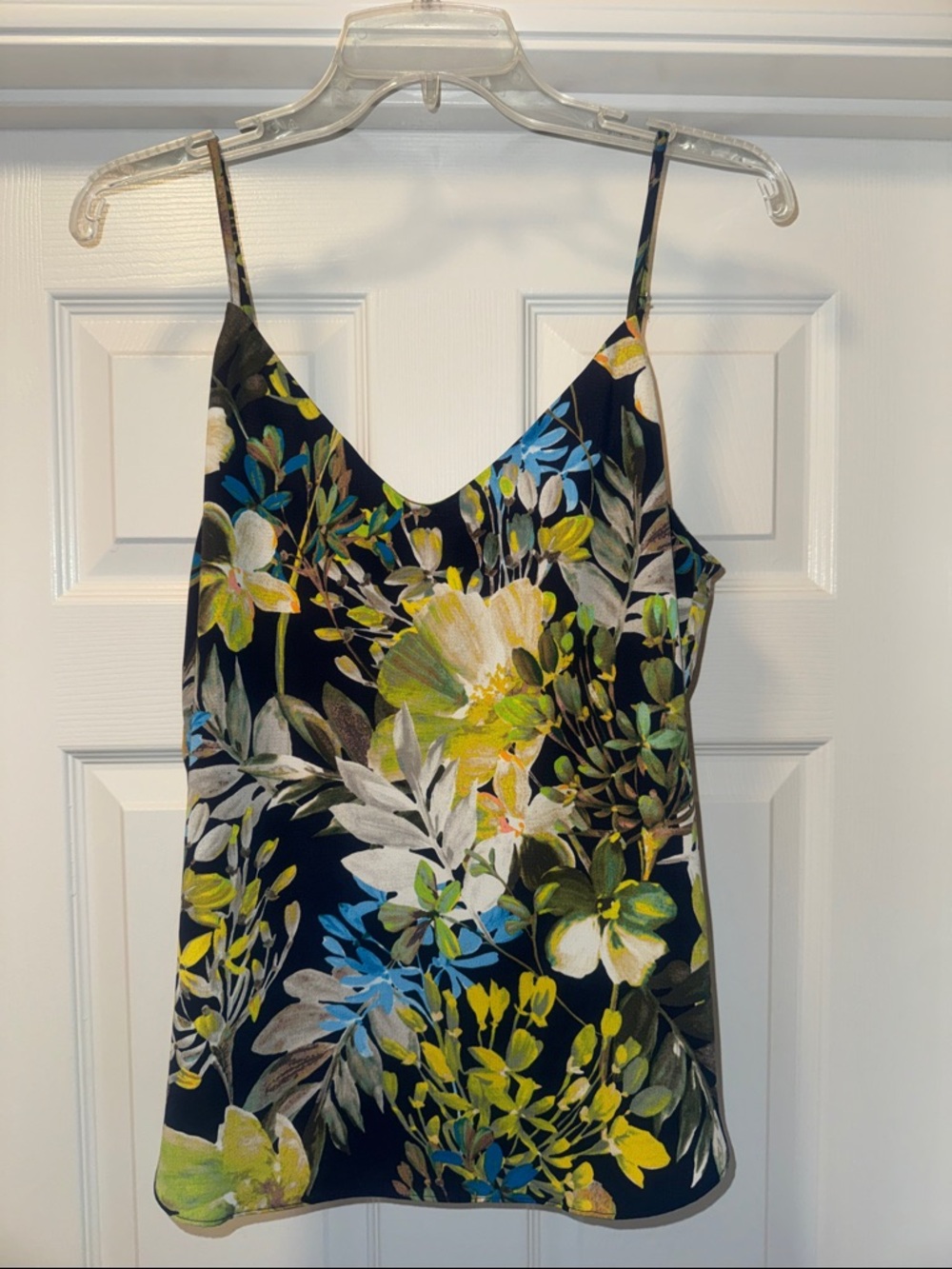 J. Crew Black Floral V-Neck Cami with Blue and Yellow Botanicals